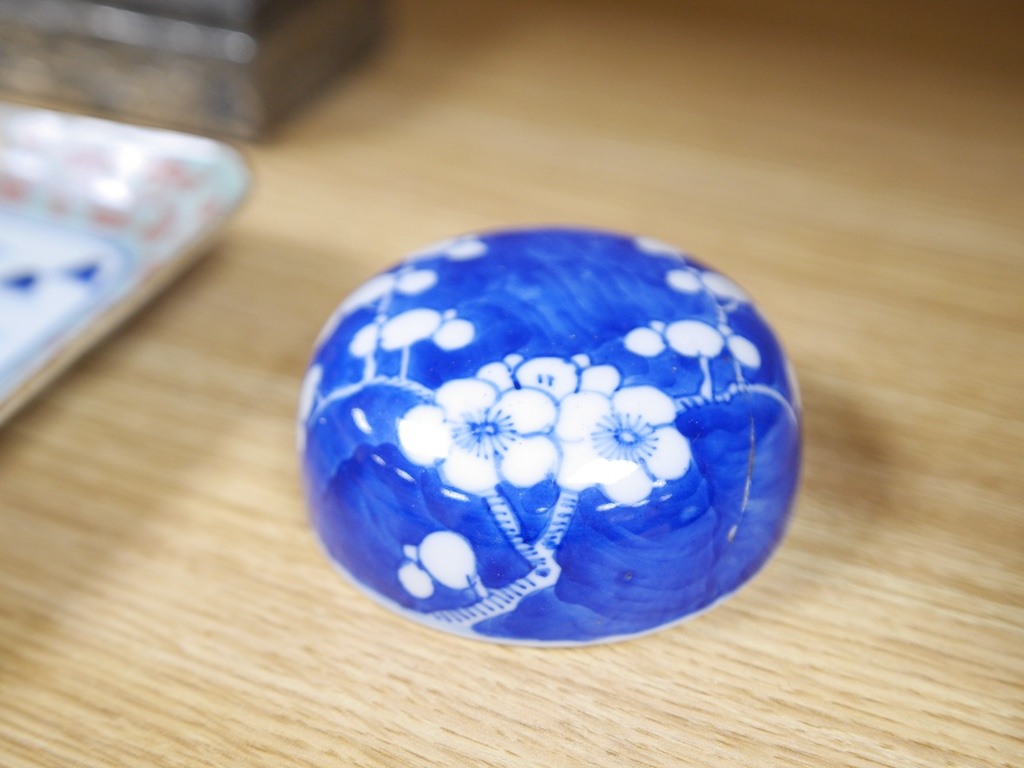 A group of Chinese and Japanese items to include silvered dragon box, hand mirror and square dish. Condition - varies